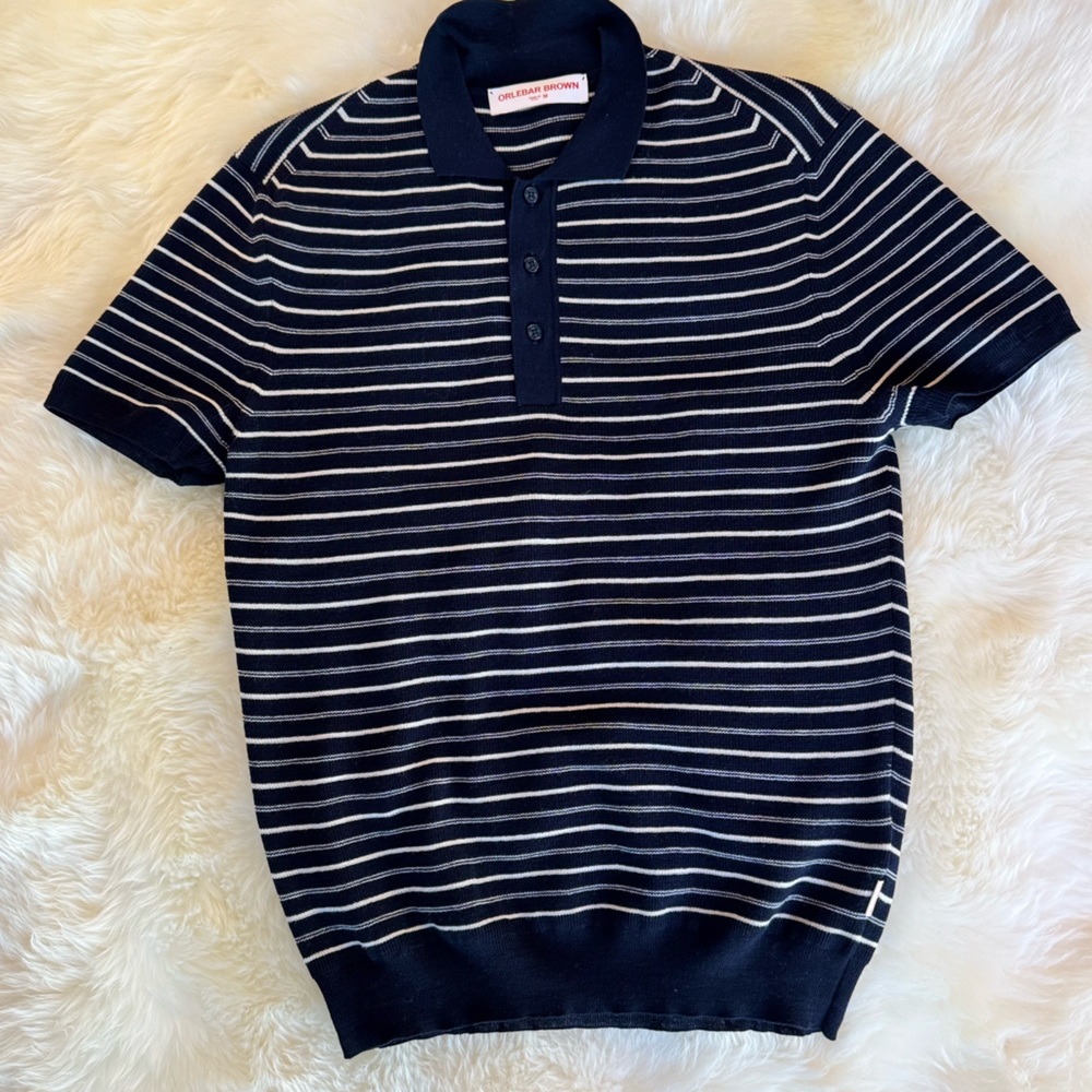Orlebar Brown Mens Navy Blue Merino Wool Striped Slim Polo Shirt Sweater M Size